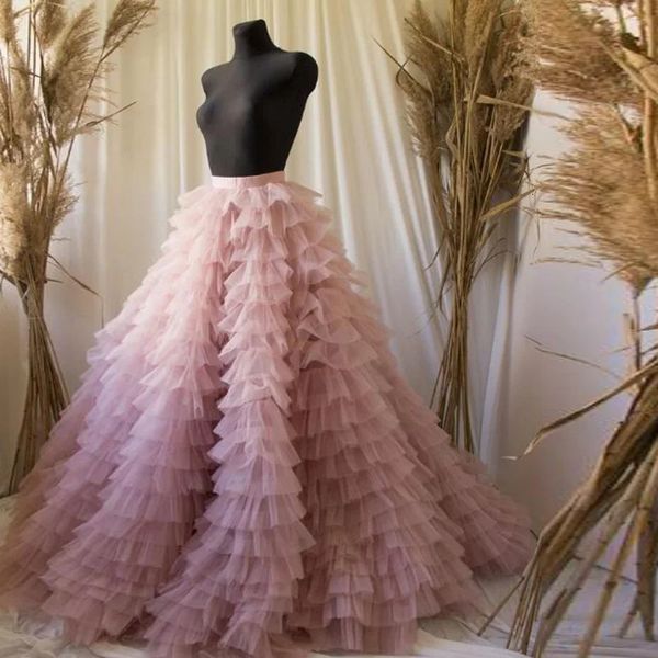 Image réelle à plusieurs niveaux froncé longue mariée Tulle jupes robe de bal rose doux taille haute femmes personnalisé Tutu Jupe Faldas Saia Jupe 240117