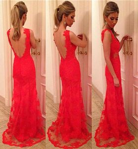 Real Image Vestidos de Baile Appliques coupées Backless Red en dentelle rouge Robes 2015 Elie Saab Long Mermaid Robes de soirée 3525103