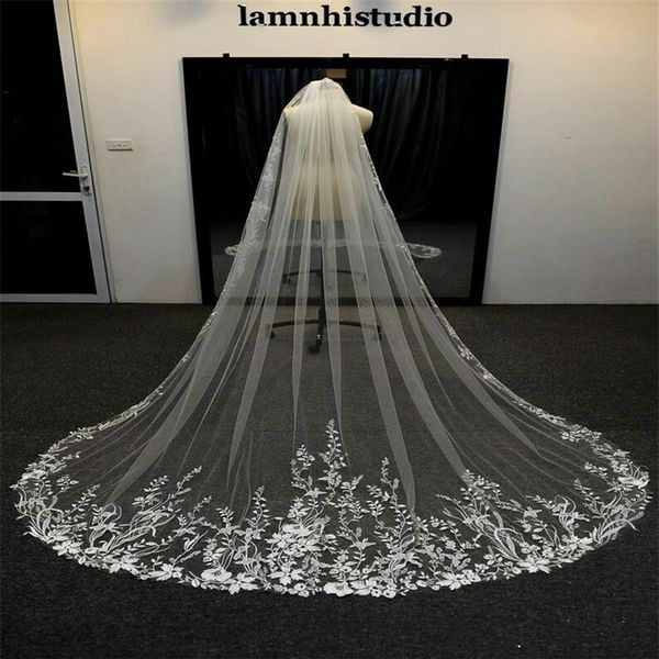 Image réelle voiles de mariage chic trois mètres de long voiles dentelle appliques cristaux une couche cathédrale longueur pas cher voile de mariée204l