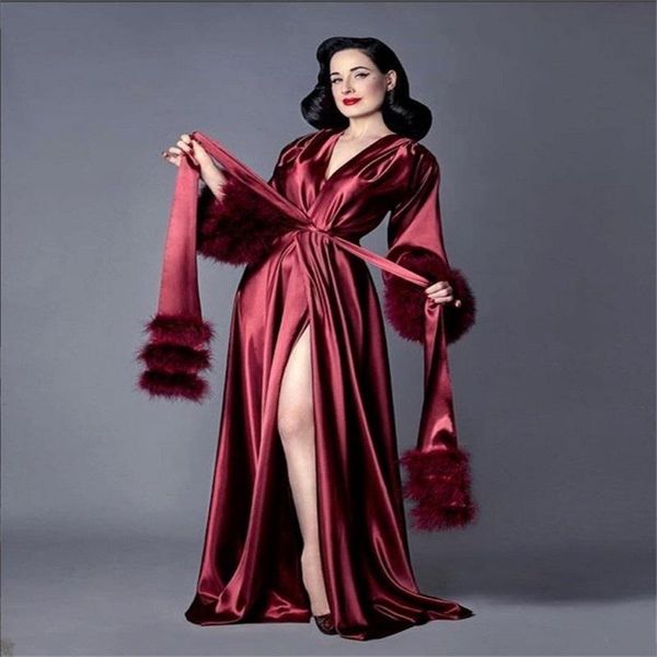Image réelle femmes fourrure robe de nuit pyjama soie rouge peignoir mariée vêtements de nuit volants doux Robes sur mesure robe enceinte