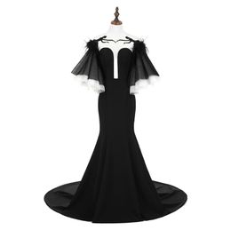 Images réelles noir robes De soirée plume pure cou pagode manches sirène robe De bal longue Sexy creux dos fête Vestidos De Novia