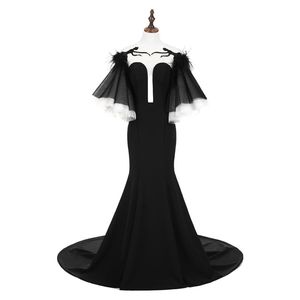 Echte beelden Zwarte avondjurken veren Sheer Neck Pagoda Mouwen Mermaid Prom Dress Lange Sexy Hollow Back Party Vestidos de Novia