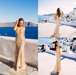 Images réelles Champagne arabe robes de soirée 2020 élégant col en V sans manches sexy formelle cristal perles fête longues robes de bal fo3071270