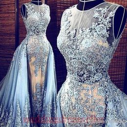 Images réelles train détachable robes de soirée transparentes robes de reconstitution historique de célébrité bal longue bleu clair Elie Saab 2019 nouvelles robes de soirée