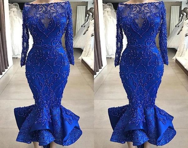 Imágenes reales Vestidos de noche de fiesta de sirena azul real de lujo Cuello barco Perlas con cuentas Corpiño ajustado Volantes Hasta el tobillo Polla corta3406928