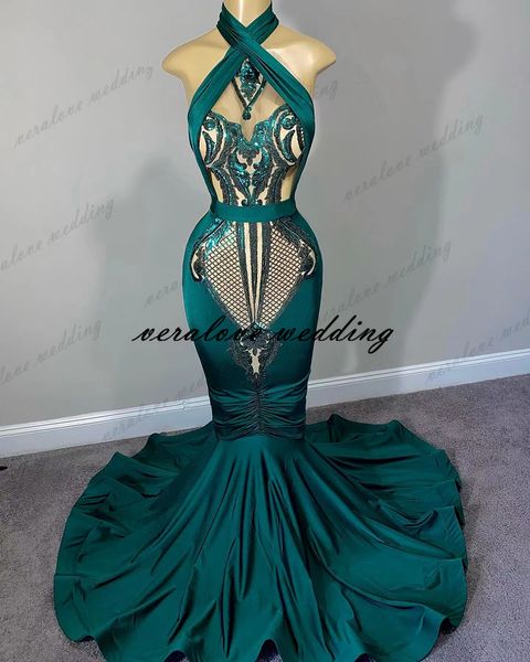 Images réelles robe de bal 2k21 licou cou chasseur vert Satin robe de soirée femme formelle robes de soirée tenue de fête