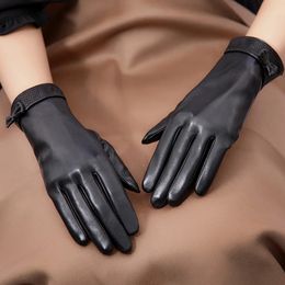 Gants en cuir véritable femme hiver thermique doublé en peluche épaissir conduite en peau de mouton papillon noeuds gants en cuir femmes L207 240201