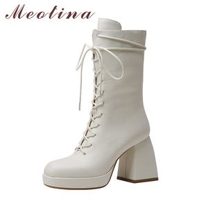 Echt leerplatform Super hoge hak Mid Calf Laarzen Vrouw Schoenen Vierkante Teen Zip Cross Tied Block Lady Beige 210517