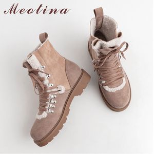 Bottes de neige en cuir véritable femmes vache daim en peluche cheville plate à lacets bout rond chaussures dame hiver grande taille 3342 210517