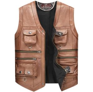 Echt lederen vest heren reporter multipocket vest bruin motorfiets mouwloze jassen mannelijke rits echt koe lederen vest5517941