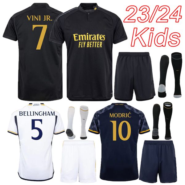 Camisetas de fútbol del Real Madrid 2023 kits de camisetas de fútbol para niños de local visitante 23 24 BELLINGHAM VINI JR. camiseta tercera niño + calcetines 2024 camiseta futbol real madrid maillot foot