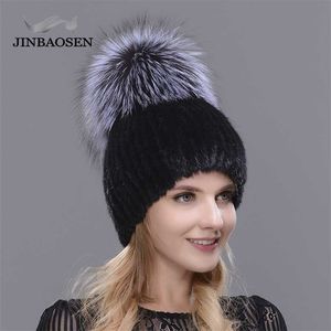 Chapeau de fourrure de vison véritable pour les femmes d'hiver casquette tricotée importée avec des bonnets de haute qualité 211229