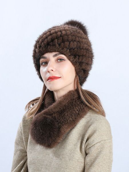 Gorro de piel de visón Real, conjuntos de bufanda, gorro de invierno para mujer, pompón de zorro, marrón, vino negro