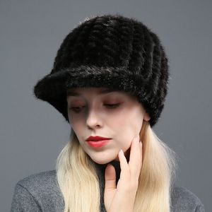 Véritable fourrure de vison casquette à vison femmes hiver chaud chapeau fait à la main noir café gris vin