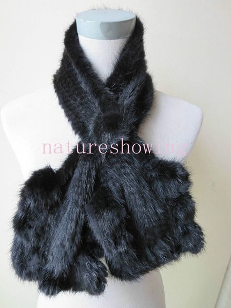 Real Mink Fur Bufanda Falbala Mujer Invierno Cálido Pañuelo Marrón Negro