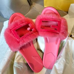 Véritable fourrure de vison diapositives pantoufles de luxe femmes chaussures de haute qualité sandales décontractées en peluche paresseux appartements été plage sandale boucle creuse avec boîte 10A 35-42