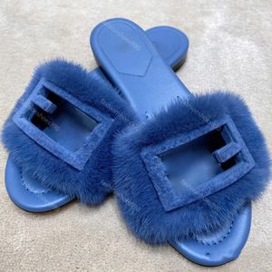 Real Mink Fur Slides Luxe Designer Slippers Dames Schoenen Hoge kwaliteit Casual Sandalen Slippers Luie Flats Zomer Strand Sandaal Uitgeholde Gesp Met Doos 10A 35-42