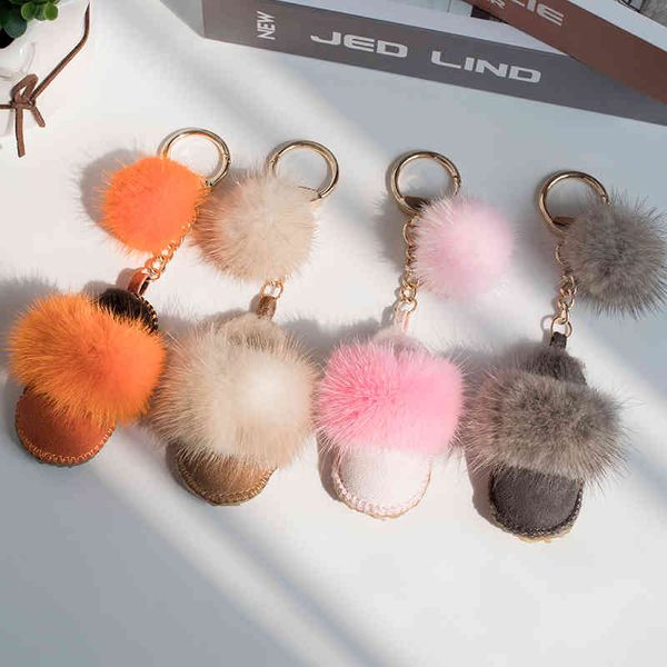 Véritable garniture de vison Mini pantoufles porte-clés avec boule de pompon en fourrure véritable mouton naturel en cuir de mouton porte-breloque de sac voiture