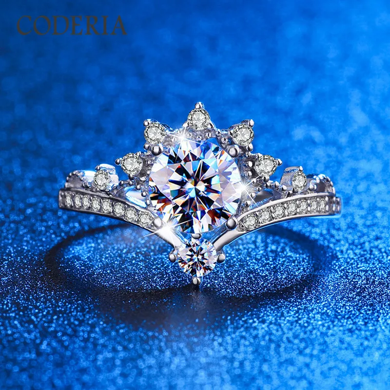 Real Moissanite Crown Förlovningsring Utmärkt Cut 1Ct Diamond Gemstone 925 Sterling Silver Wedding Party Rings Women Jewelry