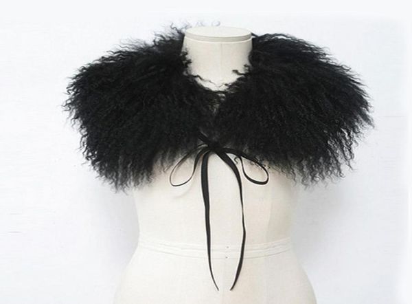 Bufanda de cuello de piel de oveja de Mongolia Real para chaqueta abrigo de lana de playa con correas sólido negro blanco mujeres cuello de piel genuina invierno Y2016016894