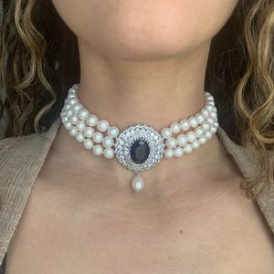 Collier de perles naturelles véritables pour femmes, trois brins, chaîne de pull classique, cadeau de noël, 240305