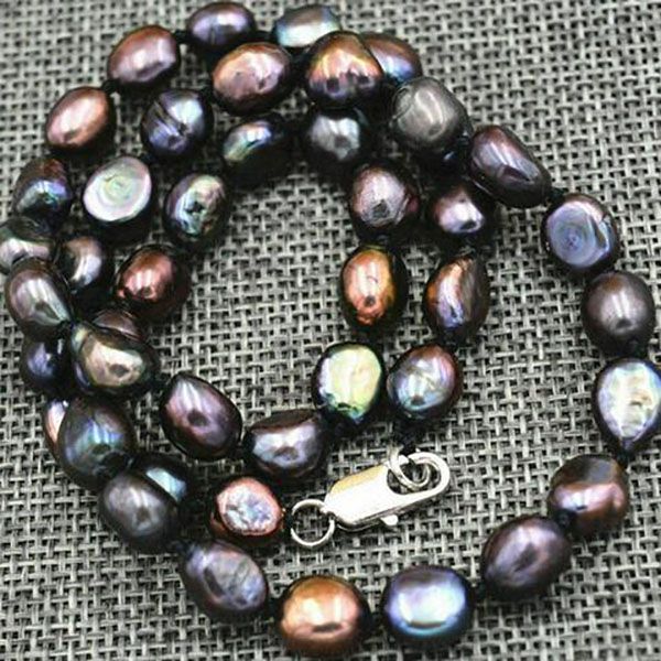 Real Natural 8-9 mm Black Akoya Cultired Baroque Pearl Collier 18 