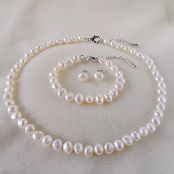 Ensembles de colliers de perles baroques naturelles véritables pour femmes, ensembles de bijoux en acier inoxydable, collier/Bracelet/boucles d'oreilles, cadeau 240103