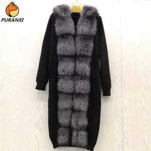 Véritable manteau de fourrure de renard naturel pull cardigan femme véritable laine tricot avec col de renard long hiver chaud automne vêtements d'extérieur 201212
