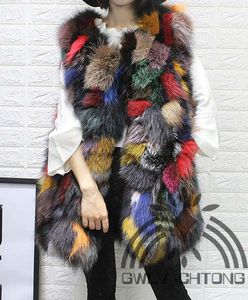 Echte natuurlijke echte bont vest vrouwen mode multi-color kleurrijke bont gilet jassen dames over jas uitloper