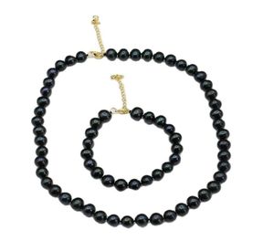 Real Natural Peacock Blue Black Round Pearl ketting Bracelet Sets eenvoudig cadeau voor Lady Girls6403079