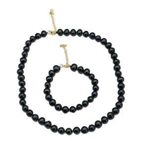 Real Natural Pavo Real azul negro collar de perlas redondas conjuntos de pulsera regalo Simple para Lady Girls4126442