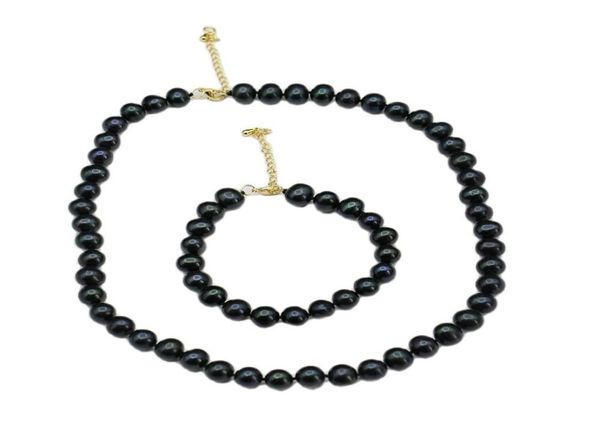 Real Natural Peacock Blue Black Round Perle Collier Bracelet Sets Simple Gift For Lady Girls1798114