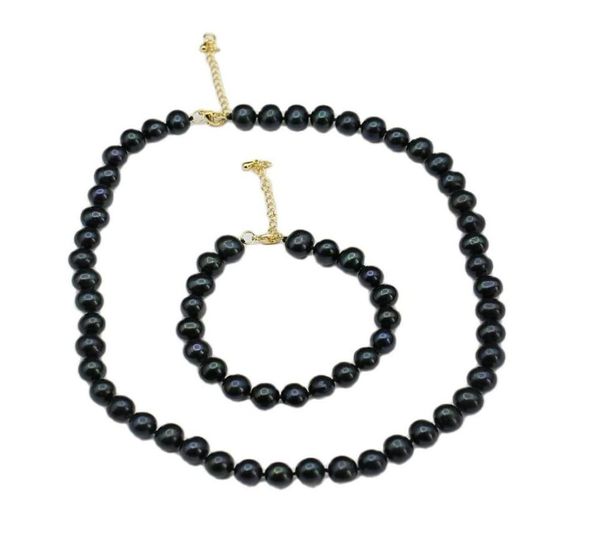 Real Natural Pavo Real azul negro collar de perlas redondas conjuntos de pulsera regalo Simple para Lady Girls1785081