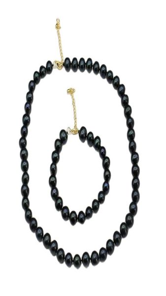 Real Natural Pavo Real azul negro collar de perlas redondas conjuntos de pulsera regalo Simple para Lady Girls6567683