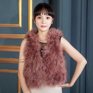 Echte struisvogel veer bont mouwloze jas herfst Koreaanse mode korte solide echte struisvogel bont vesten 211207