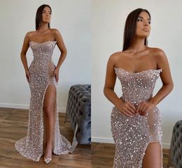 Impresionantes vestidos de fiesta con lentejuelas Vestidos de noche sexys con abertura alta Sirena Sin tirantes Sin espalda Mujeres Vestidos largos para ocasiones de fiesta BC15527