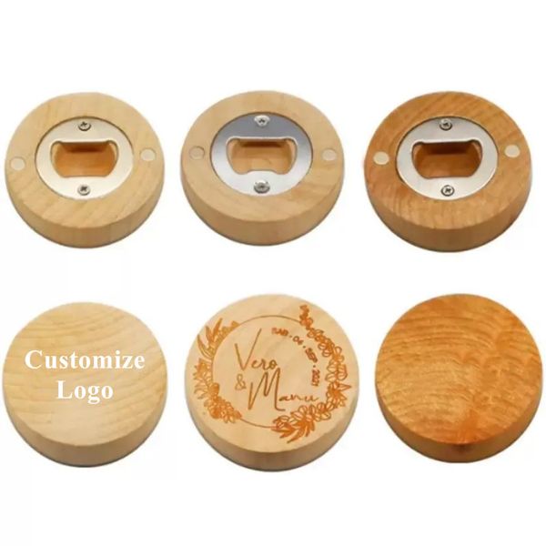 Puede personalizar los abridores en blanco DIY grabado logo abrebotellas redondo de madera posavasos nevera imán decoración FY3882 0420