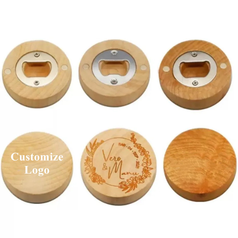 Può personalizzare Apriscatole Incisione fai-da-te logo Legno Rotondo Apribottiglie Sottobicchiere Frigorifero Magnete Decorazione FY3882 0420