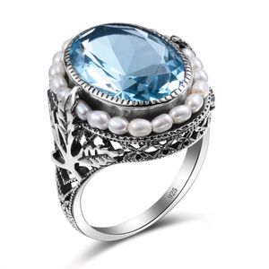 Echte Parel 925 Zilveren Ringen Femmes Blue Topaz Aquamarijn Grote Edelsteen Vrouw Bruiloft Fijne Sieraden 240327