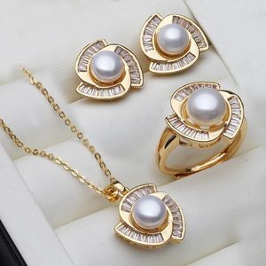 Ensemble collier et boucles d'oreilles en perles véritables pour femmes, ensemble de bijoux en perles plaquées or 18 carats, cadeau d'anniversaire pour mère, blanc, 240102