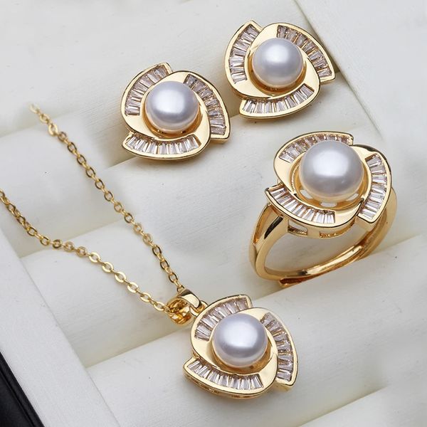 Ensemble collier et boucles d'oreilles en perles véritables pour femmes, ensemble de bijoux en perles plaquées or 18 carats, cadeau d'anniversaire pour mère, blanc, 240109