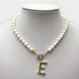 Collier ras du cou en perles véritables, Alphabet A-Z, boucle initiale en acier inoxydable, pendentif couleur or, bijoux d'eau douce 220228268Z