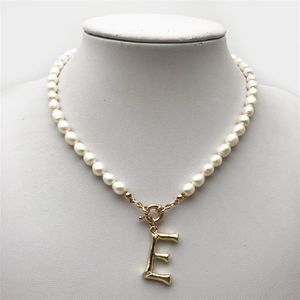 Echte Parelketting Choker Alfabet A-Z Initiële Roestvrijstalen Gesp Goudkleurige Hanger Zoetwater Sieraden 220228212S