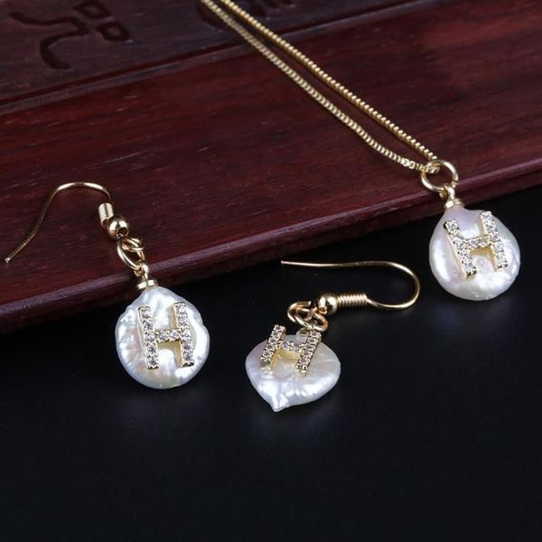 Véritable perle pavée 26 Alphabet lettre charme blanc CZ cristal or pendentif collier ras du cou goutte boucle d'oreille ensemble de bijoux cadeau de mariage Earr218P