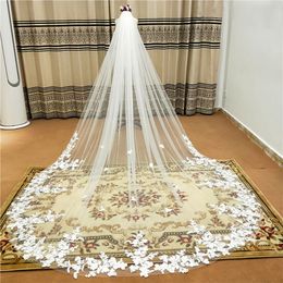 Echte foto 5m een laag bruiloft sluier met kam witte kanten rand bruids sluiers ivoorge appliceerde kathedraal bruiloft sluier