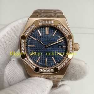 Relojes automáticos de fotos reales para hombres 41 mm dial azul 15400or bisel de diamante oro rosa everose transparente espalda retrospectiva