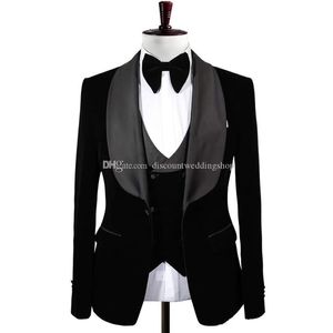 Echte foto Grote Sjaal Kraag Velve Bruidegom Tuxedos Side Vent Blazer Coat Gilet Broeken Sets Man Prom Suits (jas + Pants + Vest + Bowtie) J893