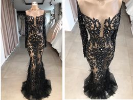 Real Photo Black Lace Sheer Manches Longues Robes De Soirée Robe De Soirée Plus La Taille Pas Cher 2019 Trajes De Gala Plume Noir Filles Robes De Bal