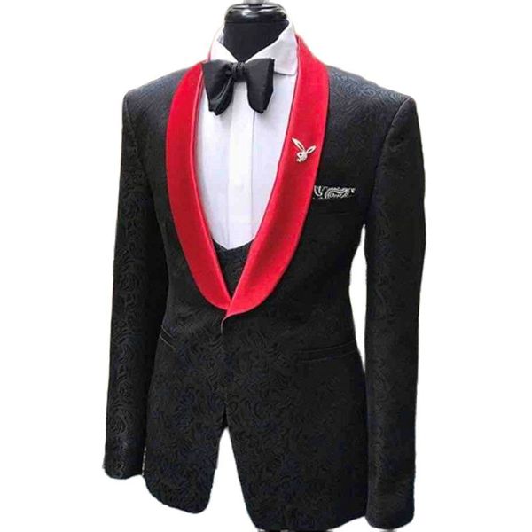 Photo réelle noir Paisley marié Tuxedos col châle hommes fête affaires costumes 3 pièces bal Blazer robe personnaliser W1501