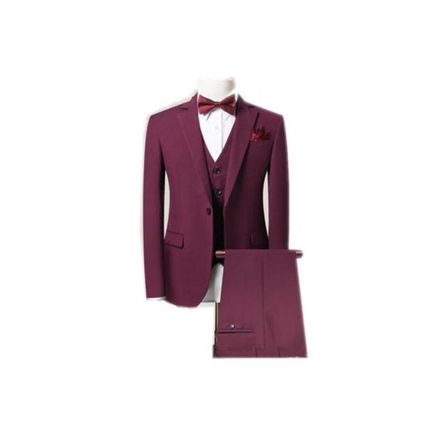 Photo réelle bordeaux homme travail costumes d'affaires manteau gilet pantalons ensembles costumes de mariage smokings de marié (veste + pantalon + gilet + cravate) D: 122